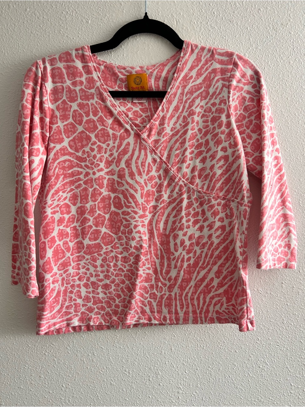 Ruby Rd. Pink and White Animal-Print Wrap-Style Long Sleeve Top